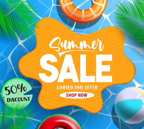Summer sale vector template design. Summer sale text in swimming pool background with floater and beachball elements for tropical season discount promo advertisement. Vector illustration
