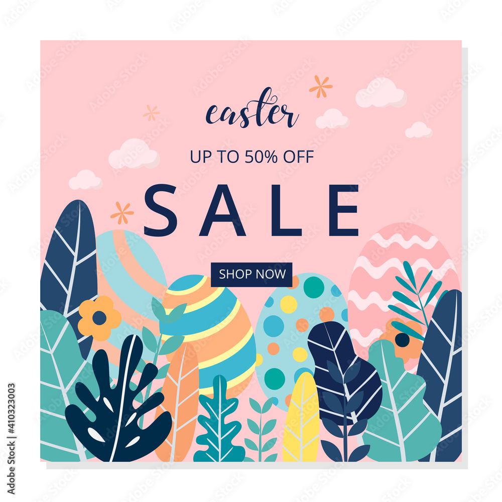 Social media post template with easter day. Sale banner. Vector illustration. Hand drawn. Flat design.