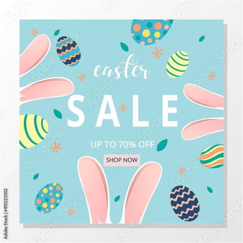 Social media post template with easter day. Sale banner. Vector illustration. Hand drawn. Flat design.