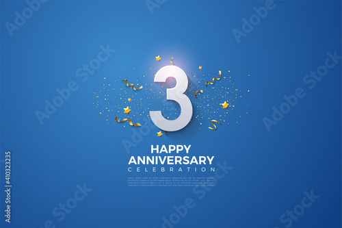 3rd Anniversary with numbers and festivity on blue background. photo