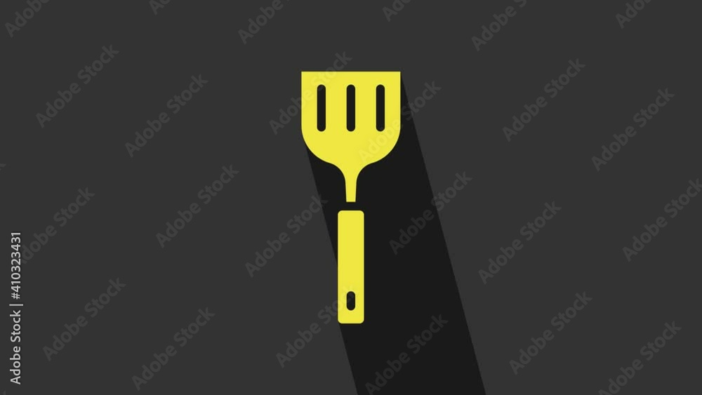 Yellow Spatula icon isolated on grey background. Kitchen spatula icon. BBQ spatula sign. Barbecue and grill tool. 4K Video motion graphic animation Yellow Spatula icon isolated on grey background. Kitchen spatula icon. BBQ spatula sign. Barbecue and grill tool. 4K Video motion graphic animation