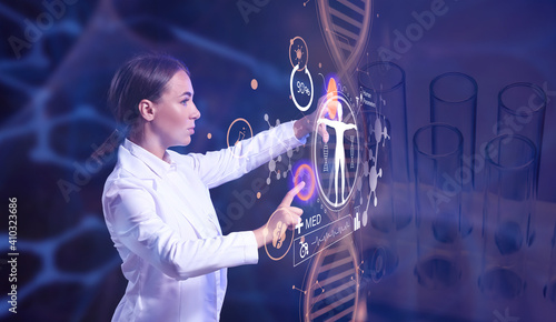 Young female scientist usin...