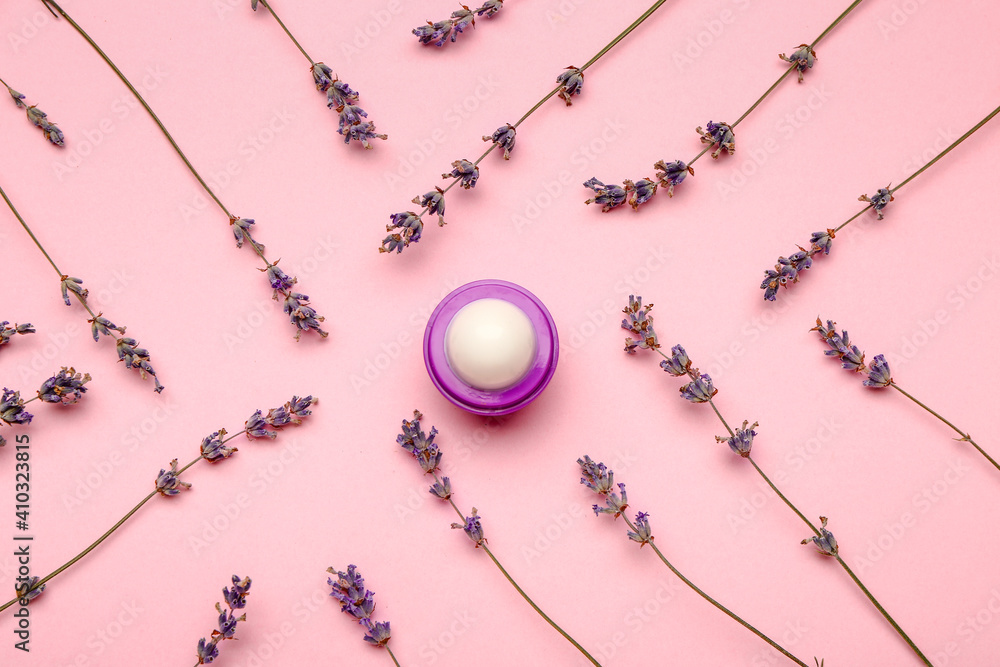 Natural lip balm with lavender on color background Stock Photo Adobe