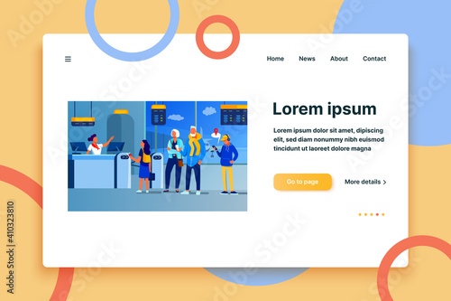 Group of passengers standing in queue to counter vector illustration. Departures board and airline transportation concept. Travelers waiting in line for plane