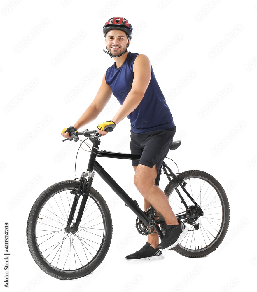 Fototapeta premium Male cyclist riding bicycle on white background