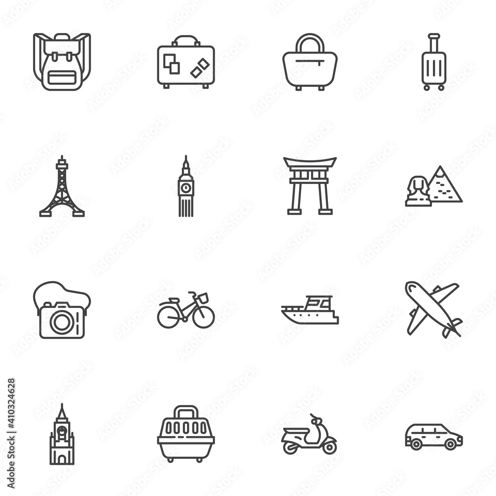 Tour and travel line icons set, outline vector symbol collection, linear style pictogram pack. Signs, logo illustration. Set includes icons as baggage, luggage, travel bag, vacation, camera, airplane Tour and travel line icons set, outline vector symbol collection, linear style pictogram pack. Signs, logo illustration. Set includes icons as baggage, luggage, travel bag, vacation, camera, airplane