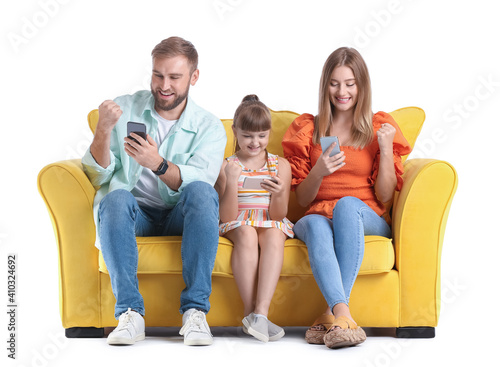 Happy family with mobile ph...