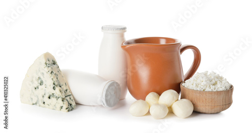 Different dairy products on white background