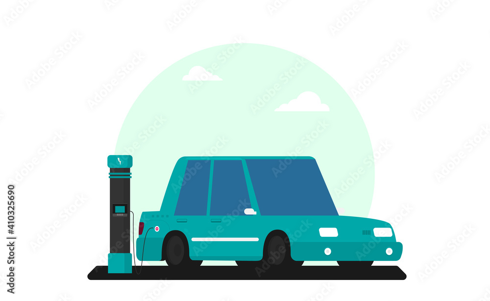 Flat vector illustration of electric car charging at the charger station.