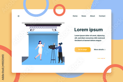 Camerawoman working with model in studio. Filming video, blue backdrop flat vector illustration. Videographer, operator job, shooting concept for banner, website design or landing web page