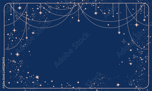 Blue magic background with stars and space decor with copy space. Layout for astrology, tarot, prediction. Divine boho design, hand drawn vector illustration, vintage style. photo