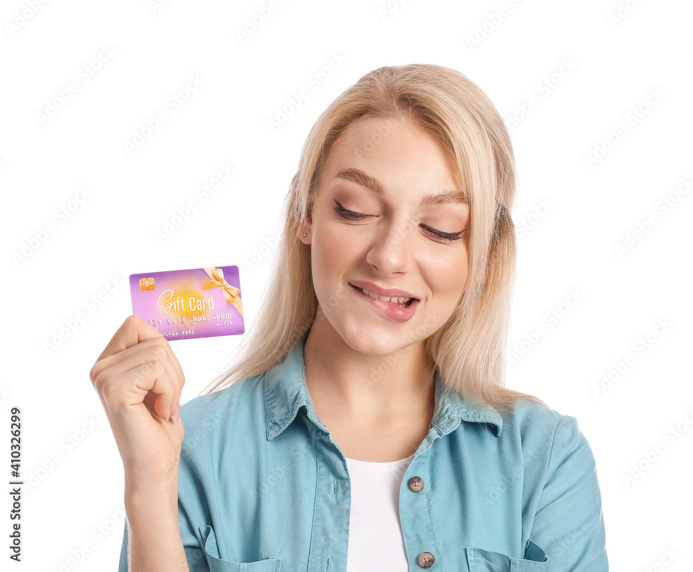 Beautiful young woman with gift card on white background Beautiful young woman with gift card on white background