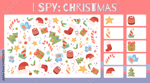 I spy game. Educational entertainment for preschool and younger school age. Christmas holiday. Winter entertainment. Flat cartoon style. How many items. Counting objects.