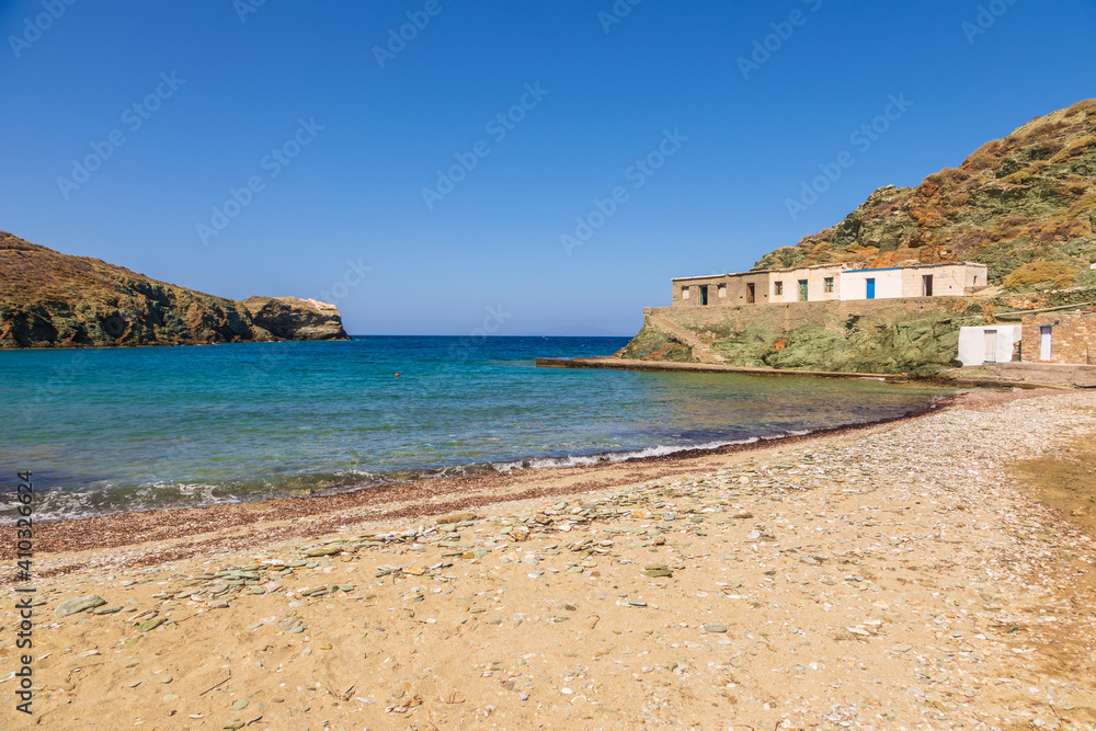 View of the coast and Agios Georgios beach, Folegandros Island, Greece.