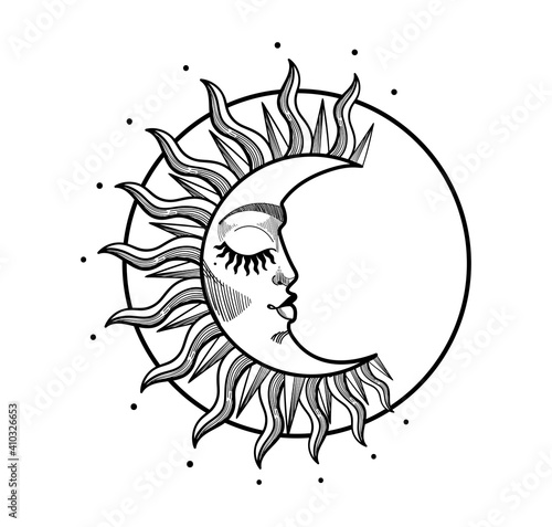 Boho illustration, stylized vintage design, sleeping crescent moon with face, stylized abstract illustration. Mystical element for design, logo, tattoo. Vector illustration isolated 