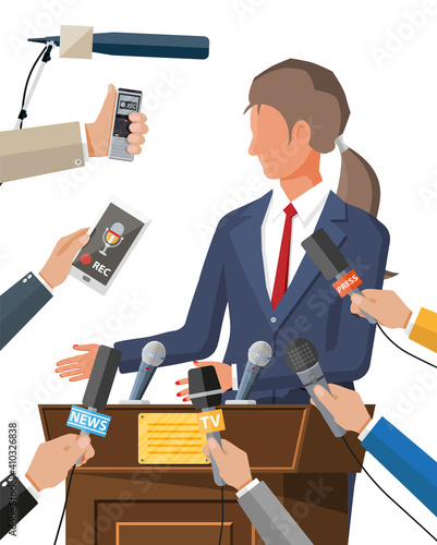 Public speaker. Rostrum, tribune and hands of journalists with microphones and digital voice recorders. Press conference concept, news, media, journalism. Vector illustration in flat style