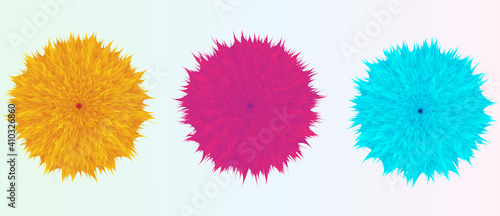 Pink yellow blue fur ball pompon objects as set