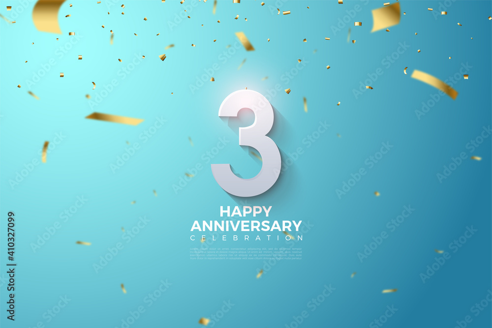 3rd Anniversary with 3d numerals illustration on bright blue background.