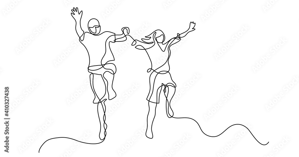 continuous line drawing of happy jumping couple wearing face masks continuous line drawing of happy jumping couple wearing face masks