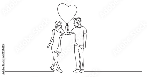 continuous line drawing of happy lovers wearing face masks with heart balloon