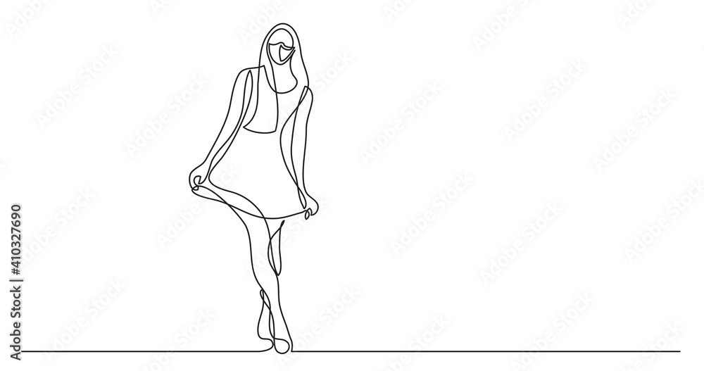 continuous line drawing of happy woman posing in dress wearing face mask