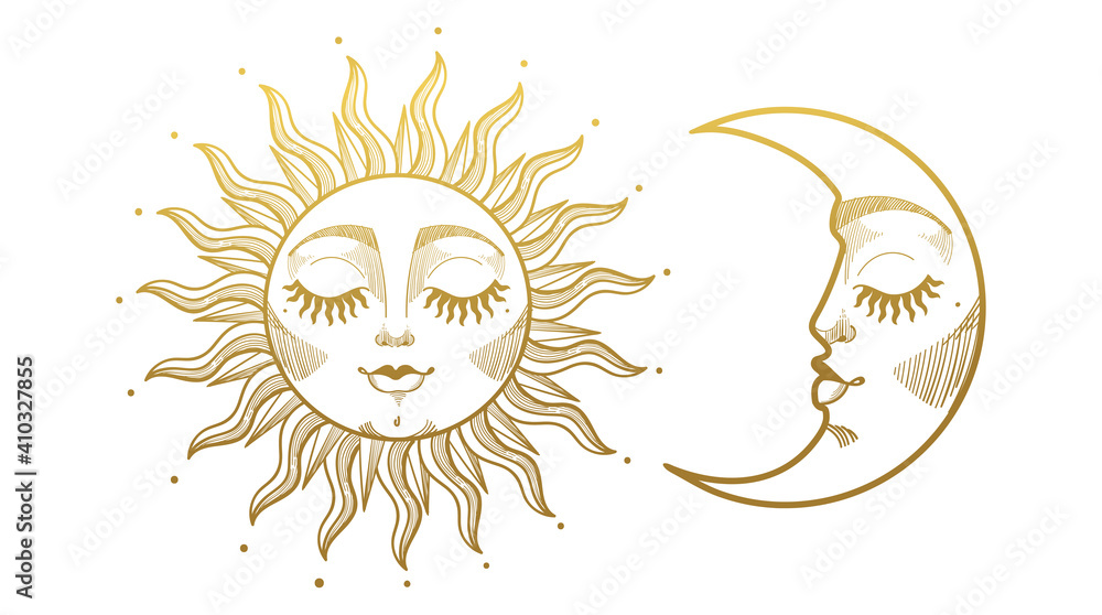 Set of beautiful golden mystical elements in boho style, sun and crescent moon with face. Design elements, tattoos, stickers. Linear vector illustration isolated on white background.