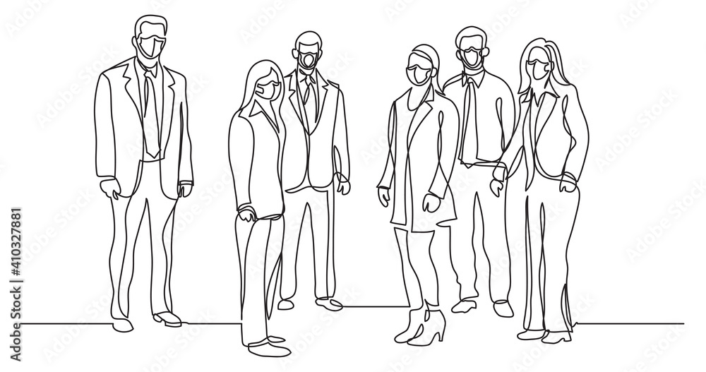 continuous line drawing of business team wearing face masks standing together continuous line drawing of business team wearing face masks standing together