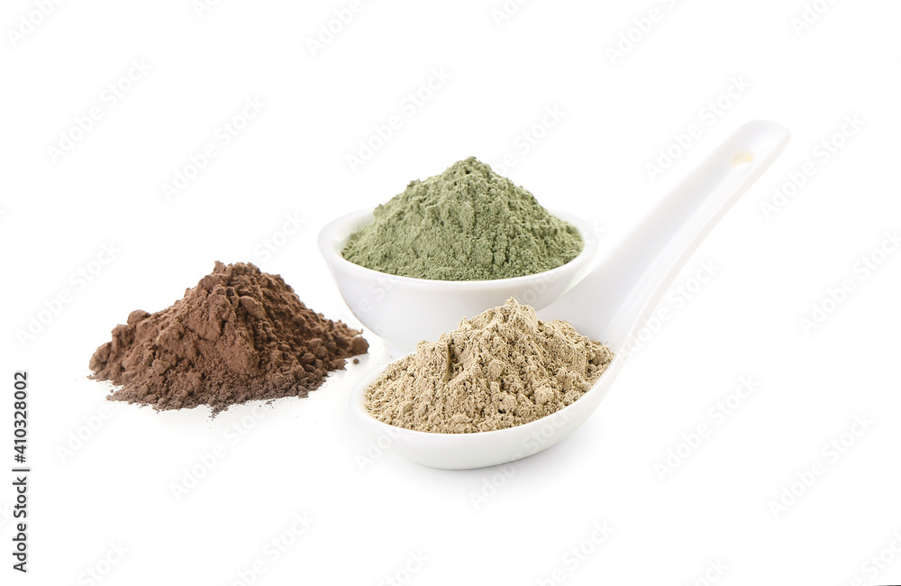Different henna powder on white background Different henna powder on white background