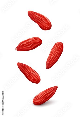 Dried goji berries hung in the air. Isolated on white background. Realistic vector illustration.