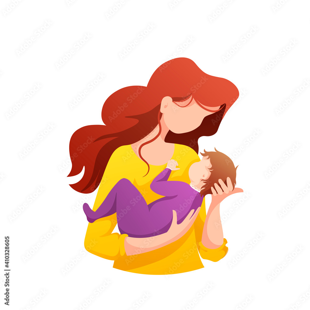 Mother holding newborn baby in her arms. Motherhood, Parenthood, Childhood, Mother's Day, Happy family concept. Isolated vector Illustration for poster, banner, card, cover. Mother holding newborn baby in her arms. Motherhood, Parenthood, Childhood, Mother's Day, Happy family concept. Isolated vector Illustration for poster, banner, card, cover.