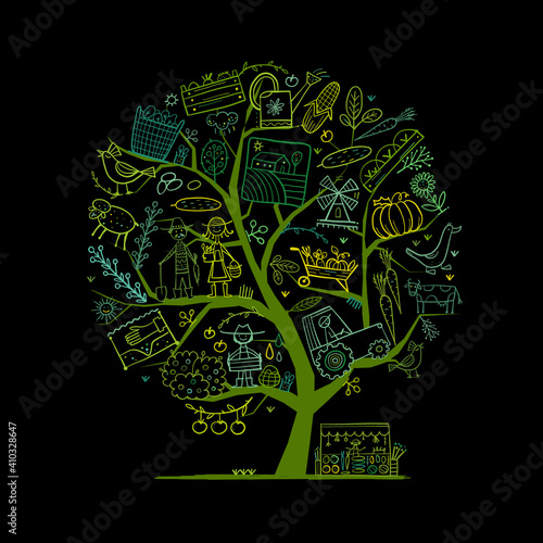 Organic Farm Concept Tree For your Design. Harvest Festival. Agriculture coll...