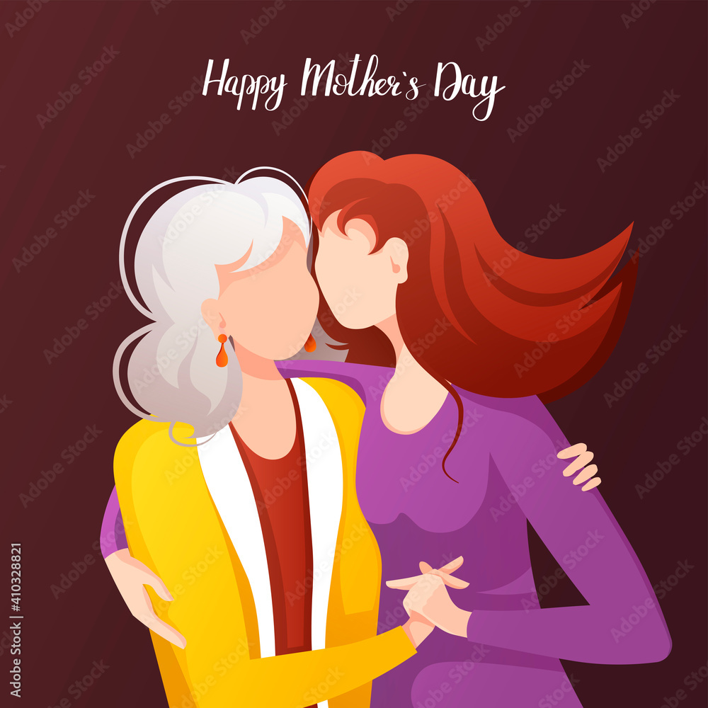 Happy Mother's Day Greeting Card design. Adult daughter hugging her old mother with love. Hand drawn lettering. Square vector Illustration for card, postcard, poster, banner. Happy Mother's Day Greeting Card design. Adult daughter hugging her old mother with love. Hand drawn lettering. Square vector Illustration for card, postcard, poster, banner.