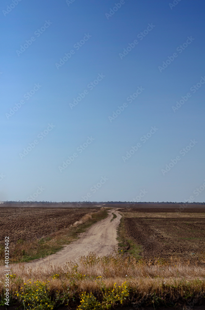 Dirt road among a plowed agricultural field. Fertile land after harvest against a clear blue sky.