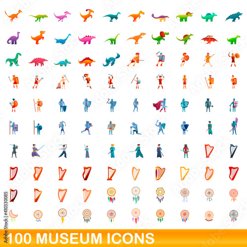 100 museum icons set. Cartoon illustration of 100 museum icons vector set isolated on white background