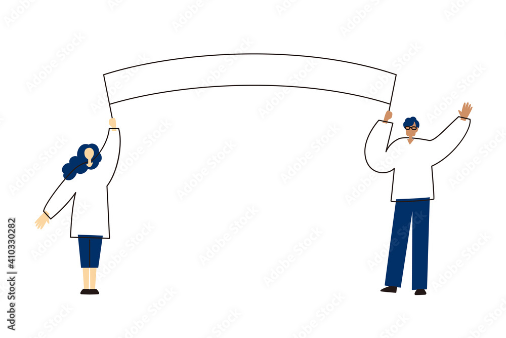 Illustration of a man and woman holding a flag. Vector illustration on white background. Illustration of a man and woman holding a flag. Vector illustration on white background.