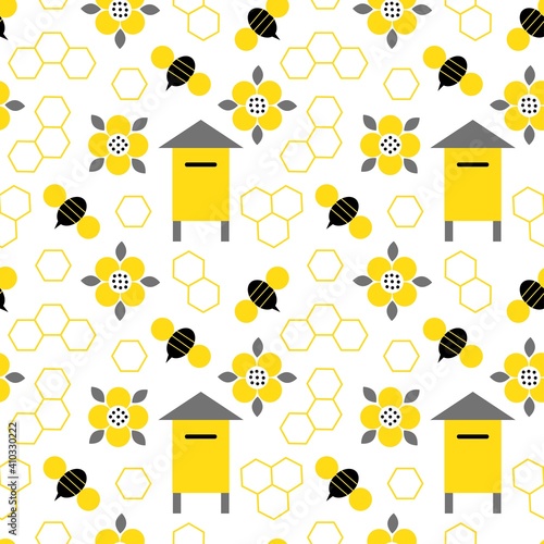 Honey seamless pattern with bee, flowers, beehive, honeycomb isolated on white background. Vector flat illustration. Design for wallpaper, wrapping, backdrop, textile, fabric