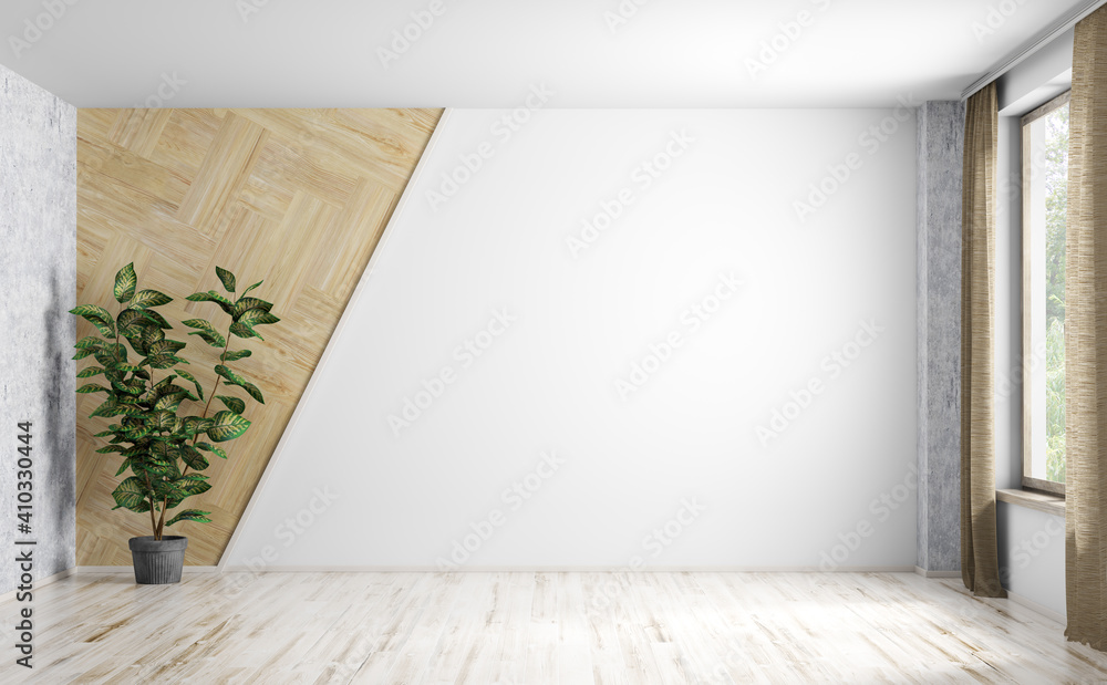 Interior background of empty room with white wall and and potted plant 3d rendering - obrazy, fototapety, plakaty 