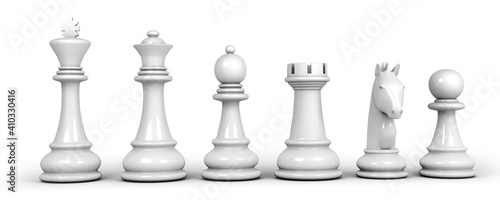 Set of white chess pieces isolated on white background. 3d illustration. photo