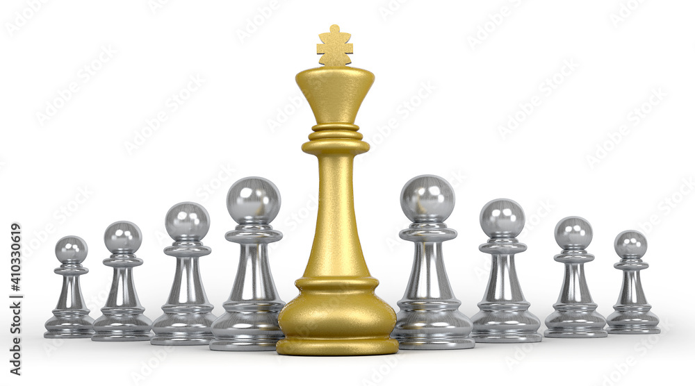 The Golden Chase King stands with the silver pawns. Business leadership concept. 3d illustration. The Golden Chase King stands with the silver pawns. Business leadership concept. 3d illustration.