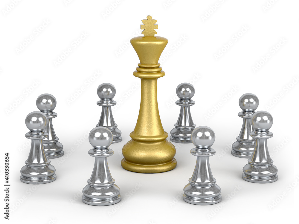 The Golden Chase King stands around the silver pawns. Business leadership concept. 3d illustration. The Golden Chase King stands around the silver pawns. Business leadership concept. 3d illustration.