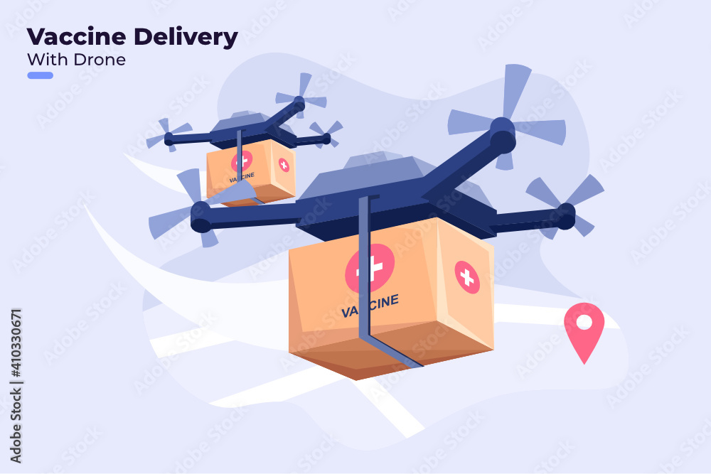 Flat illustration of Covid-19 Vaccine Delivery with modern drone technology, Coronavirus vaccine distribution around world with drone, Vaccine distribution with Physical distancing, Stay Safe. Flat illustration of Covid-19 Vaccine Delivery with modern drone technology, Coronavirus vaccine distribution around world with drone, Vaccine distribution with Physical distancing, Stay Safe.