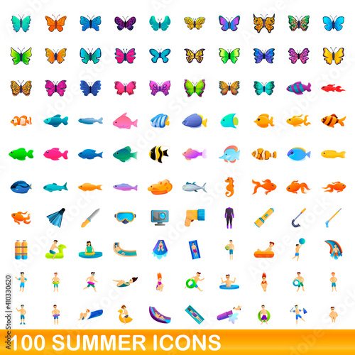 100 summer icons set. Cartoon illustration of 100 summer icons vector set isolated on white background © nsit0108