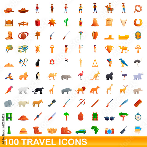 100 travel icons set. Cartoon illustration of 100 travel icons vector set isolated on white background