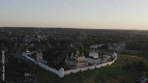 D-Log. Pereslavl-Zalessky, Russia. The Dormition Goritsky Monastery is a former Orthodox monastery. In the light of the setting sun, Aerial View photo