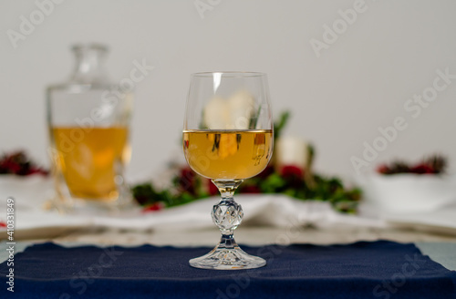 Beautiful table setting with lavender flowers on wooden background