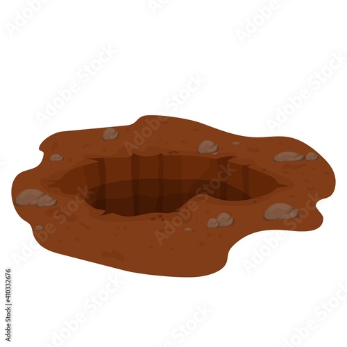 Hole in ground, pit in cartoon style isolated on white background. Mysterious, deep underground entrance. Abstract, nature broken landscape.