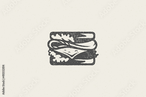 Fast food sandwich silhouette with cheese hand drawn stamp effect vector illustration