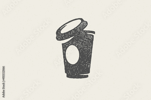 Silhouette of open takeaway cup of beverage to go design for coffee shop hand drawn stamp effect vector illustration.
