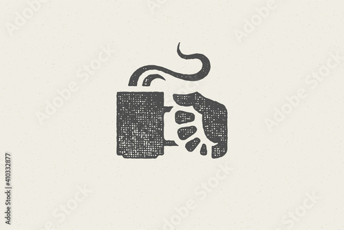 Silhouette of human hand carrying mug of hot beverage with steam in morning hand drawn stamp effect vector illustration.