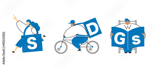 Illustrations of the letters and people of the SDGs. Vector illustration on white background.